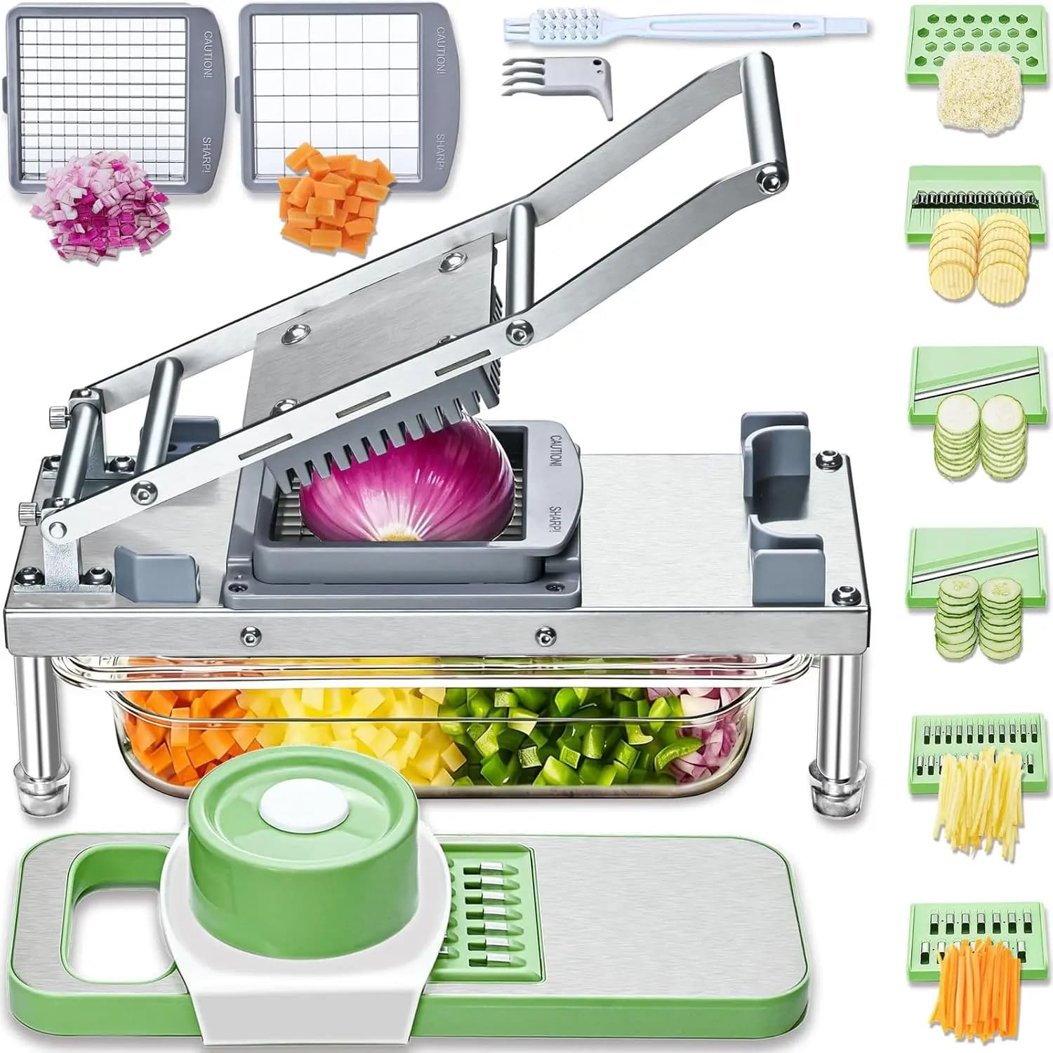 Tritaverdure a 8 Lame con Contenitore, Affettatrice e Tritatutto in Acciaio Inox per Facile Cucina