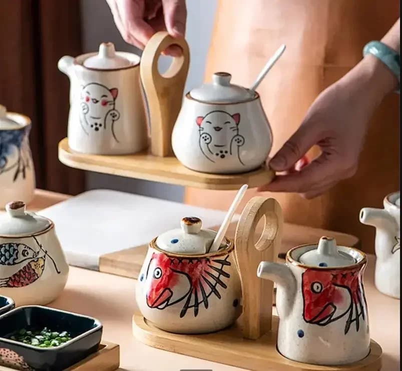 Creativo dipinto a mano in ceramica Barattolo di condimento Set Salsa di soia Pentola Cucina Sale Zucchero Pepe Barattolo di stoccaggio Condimento domestico Barattolo di spezie