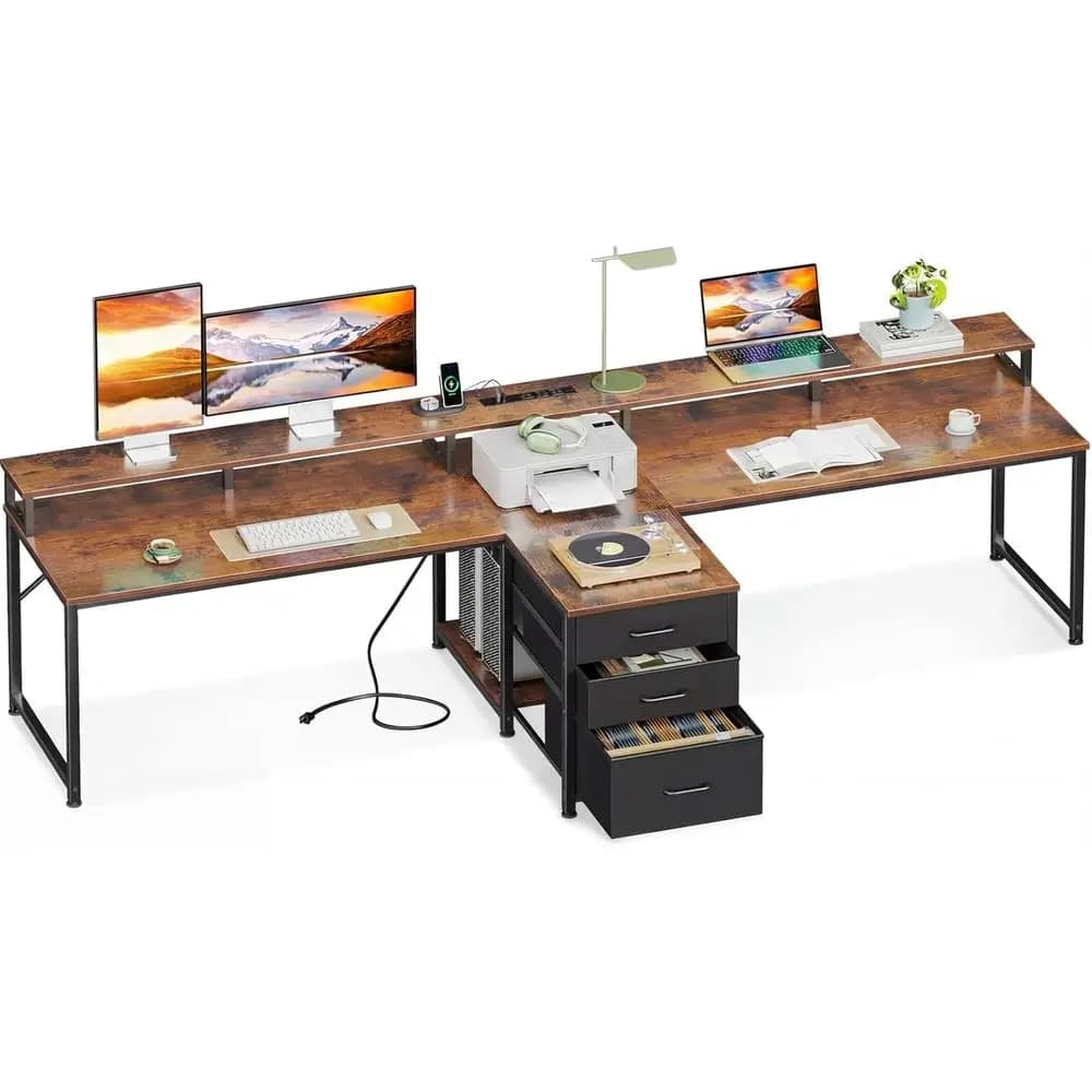 Vintage Desk for Two Persons with Current Clamp, Fabric Drawers, Document Holder, Monitor Holder, Storage Pads