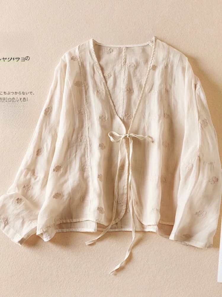 Giacca Corta in Cotone e Lino Ricamato Tinta Unita a Maniche Lunghe da Donna, Cardigan Estivo Aperto con Scollo a V e Cintura, Top in Lino per Protezione Solare