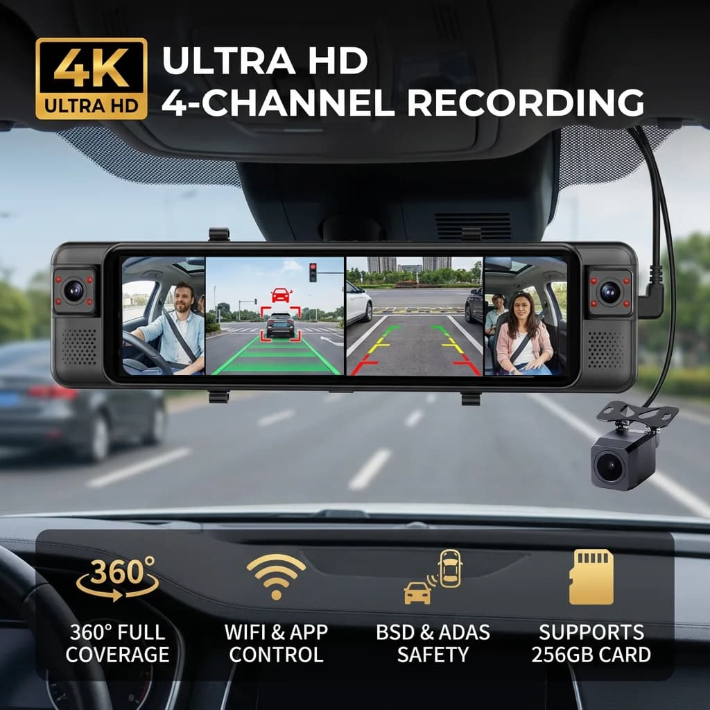 Mirror Retrovisor with Dash Cam 4K of 11,26'' Supports ADAS BSD 4 Channels 360 ° DVR Camera for Auto Front Left Right Poster with Loop Registration and Black Box