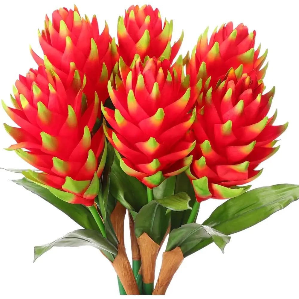 Set of 6 Artificial Red Bromelia Tropical Plants, 40 cm, Suitable for Interior and Exterior Decorations