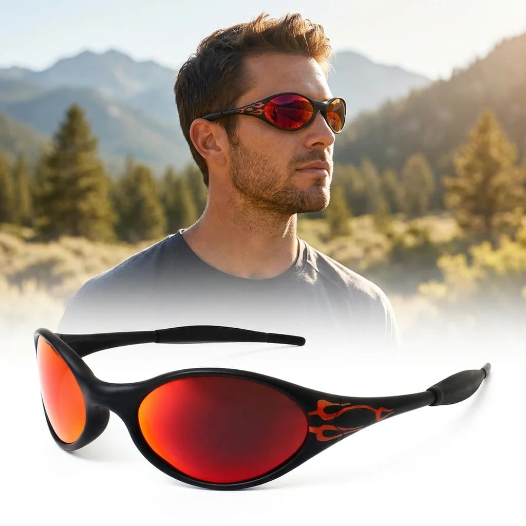 Occhiali da Sole Sportivi Polarizzati Unisex per Corsa e Maratona, Protezione UV400, Montatura TR, Lenti Nere con Motivo a Fiamma