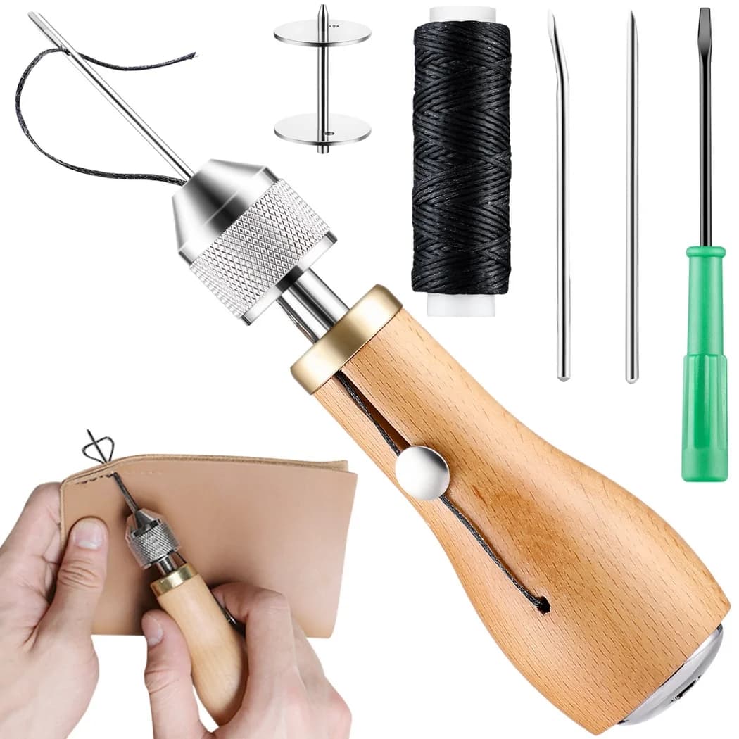Set di Strumenti per Cucire Pelle con Aghi Conici e Bobina Integrata, Kit Fai-da-Te per Cucito in Pelle con Cacciavite, Accessori per Cucire Pelle