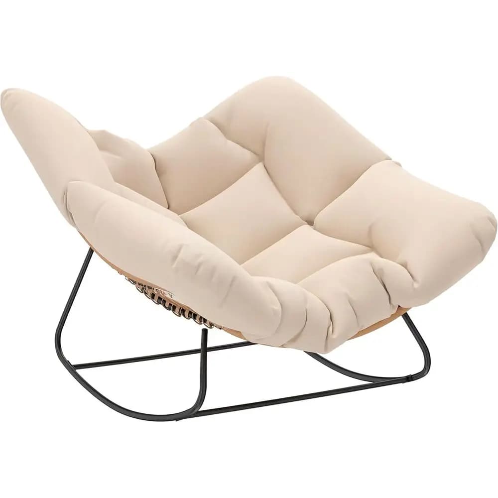 Sedia a dondolo in vimini oversize con cuscino, per interni ed esterni, bianco crema per soggiorno, giardino, patio, balcone