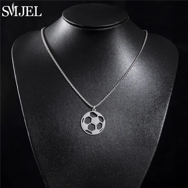 Classic Necklace in Stainless Steel Shape Soccer Ball, Men's Sports Pendant with Long Chain, Sport Jewelry