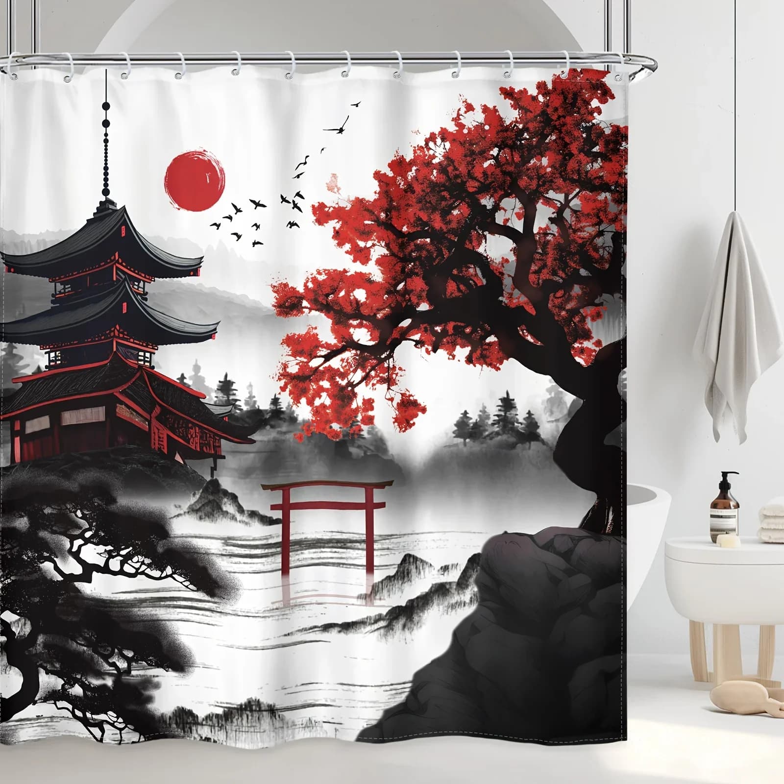 4 pezzi - Set tenda da doccia giapponese con fiori di ciliegio, acquerello nero fiori rossi Asiatico cinese montagna sole anime bagno moderno