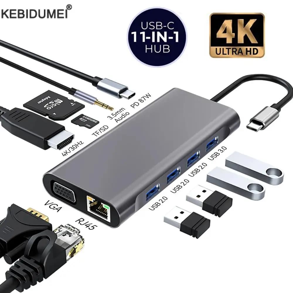 USB C HUB Type C to RJ45 4K 30Hz HDMI Adapter VGA SD TF USB 3.0 2.0 Docking PD 87W USB C Splitter for MacBook Pro Air