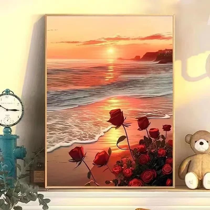 Beach Rose Diy Digital Oil Painting Tulip Flower Landscape Hand-painted Coloring Acrylic Oil Paint Decorative Hanging Painting