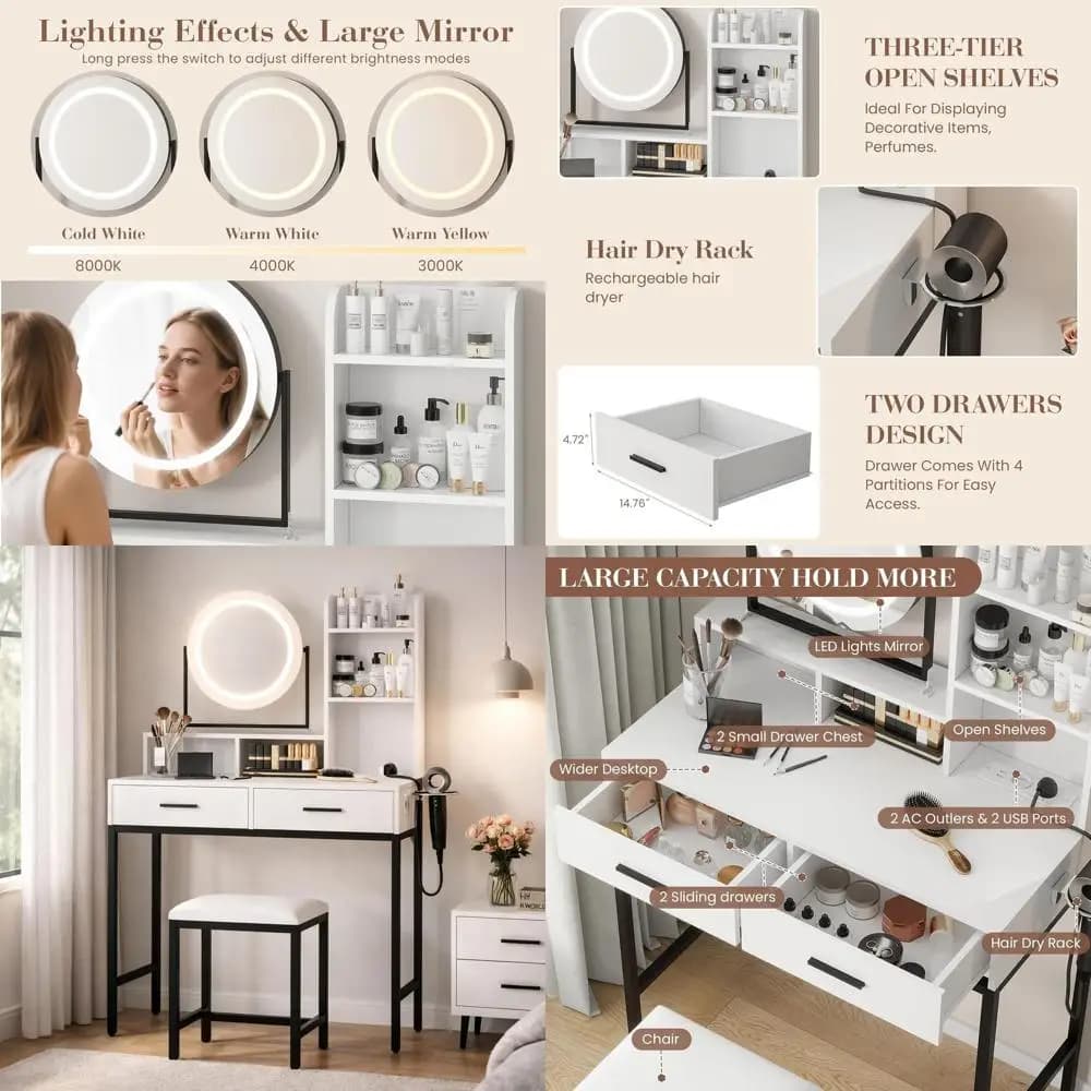 Tavolo da toeletta con specchio illuminato a LED, porta asciugacapelli e sgabello imbottito, bianco e nero