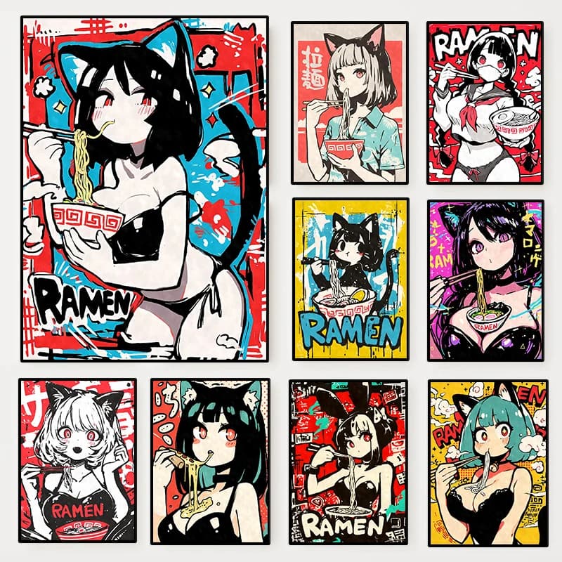 Poster Estetico Anime con Ragazza Gatto Sexy che Mangia Ramen, Stampa Artistica con Diamanti per Ristorante, Soggiorno, Casa
