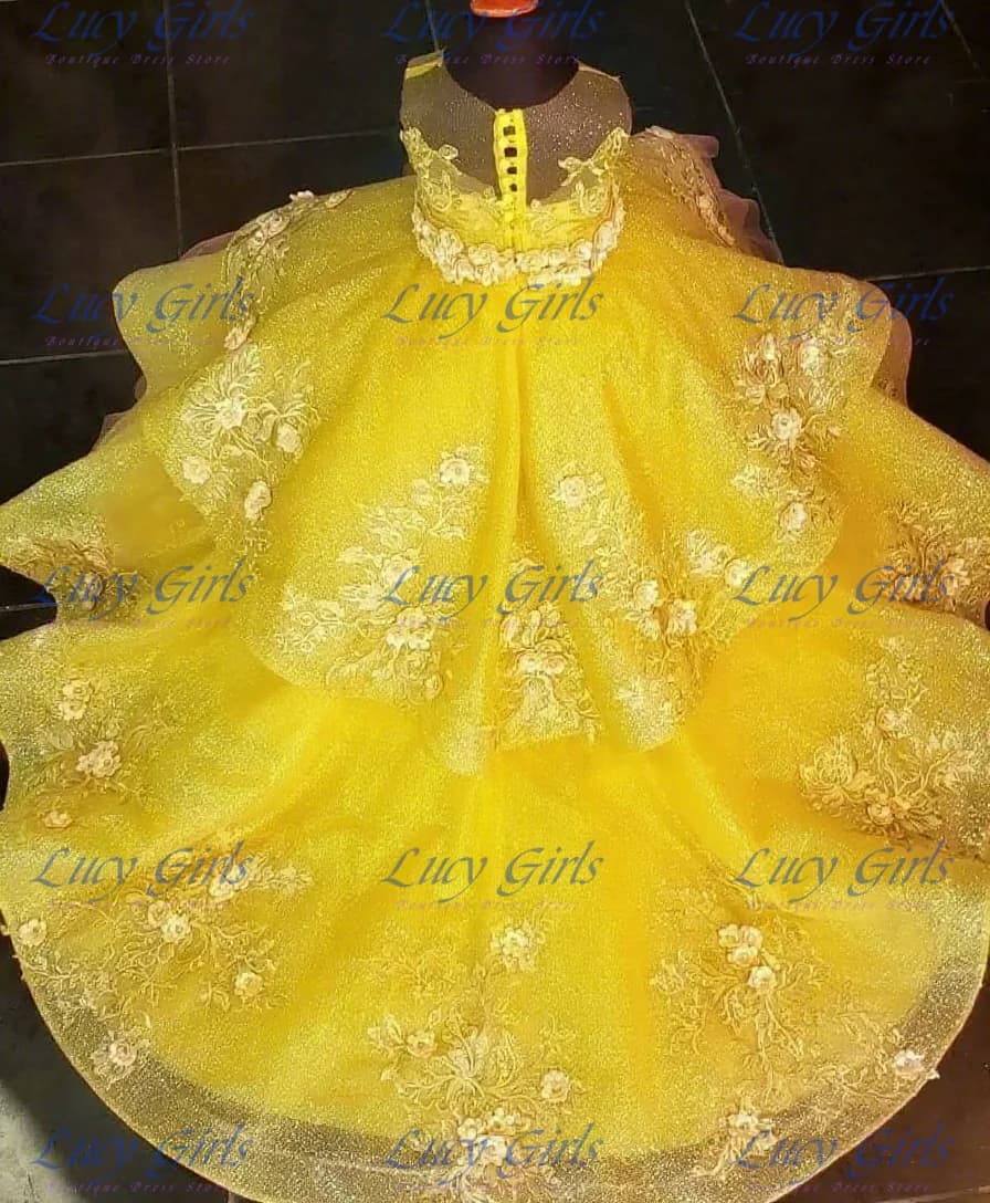 Magnifico abito da ragazza di fiori in raso squisito giallo soffice con applicazioni per abiti da sera da ballo per feste di compleanno di nozze per bambini