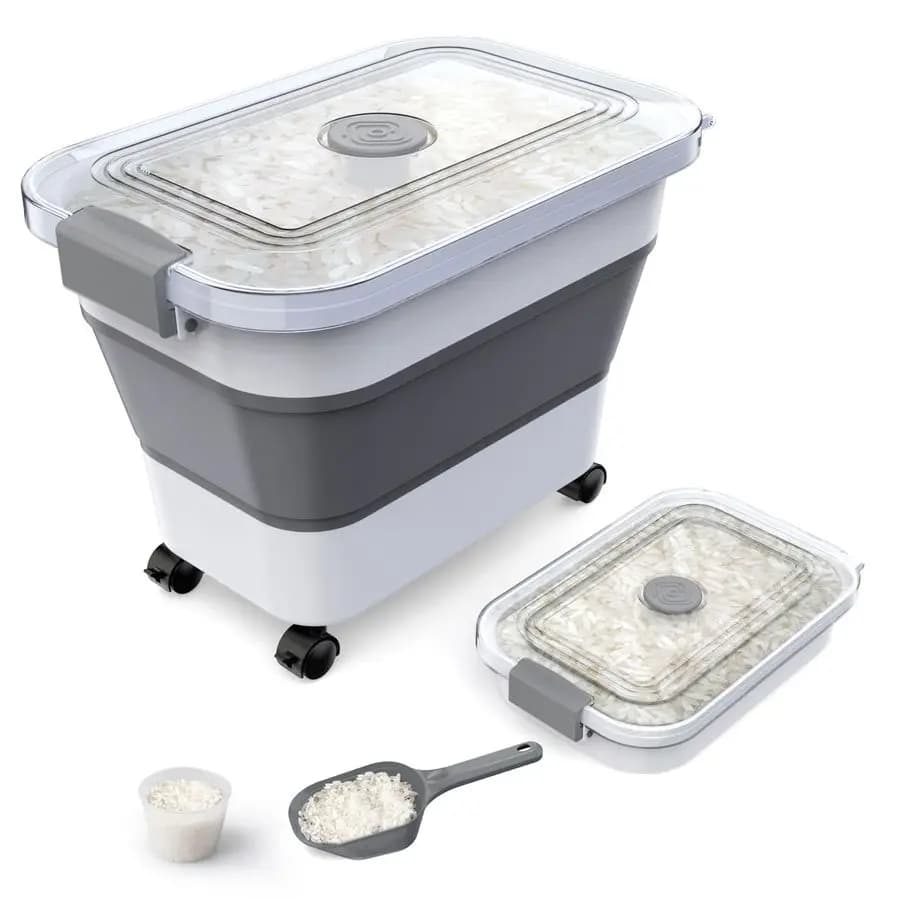 Contenitore per Alimenti Pieghevole Ermetico da 2030 libbre con Coperchio Trasparente e Ruote, Dispenser di Riso con Paletta per