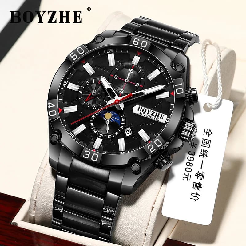 Orologi da uomo BOYZHE Orologio meccanico di lusso delle migliori marche da uomo Orologio da polso automatico sportivo impermeabile con fasi lunari in acciaio inossidabile