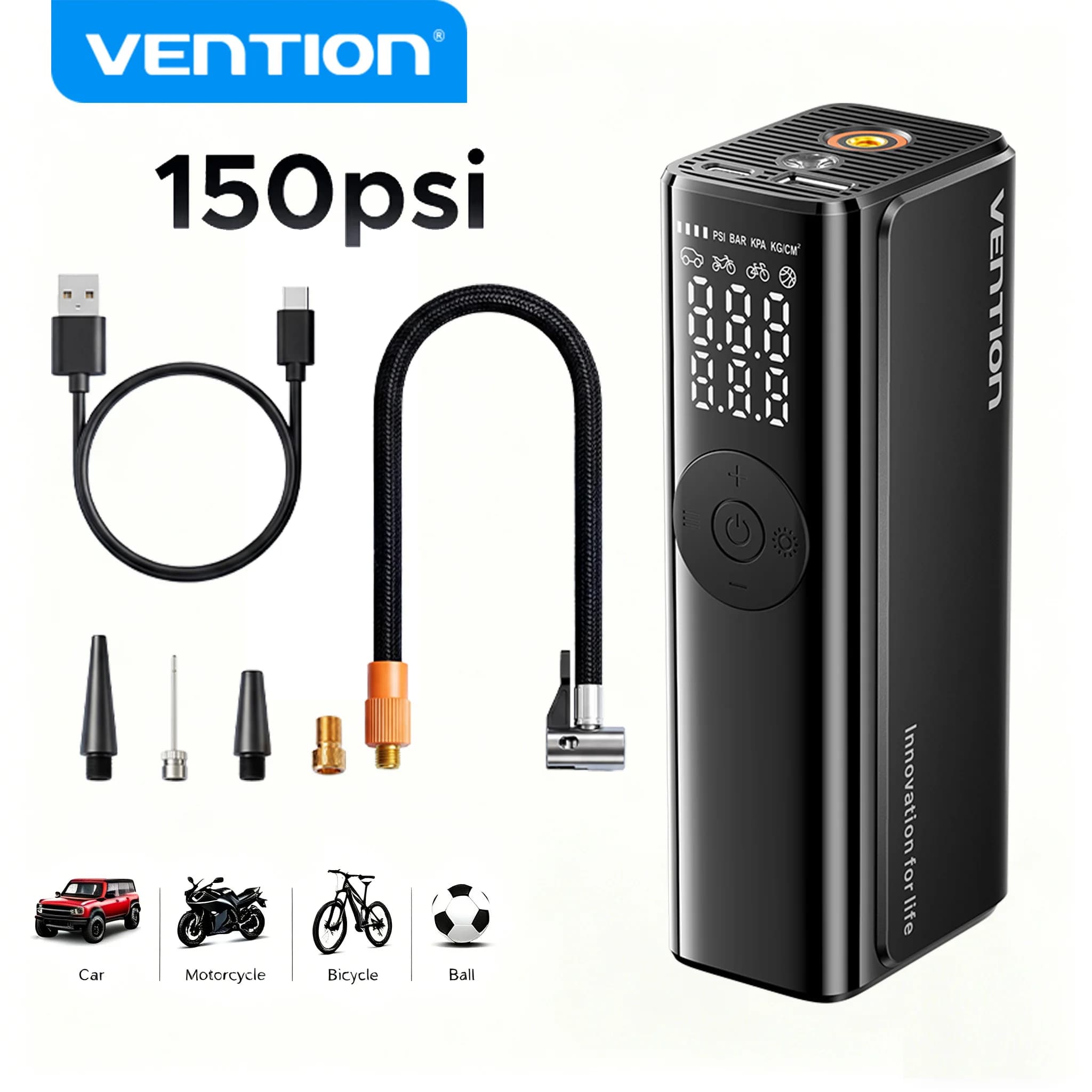 Pompa d'aria per auto Vention 5200Mah, compressore d'aria portatile per auto, moto, biciclette, gonfiatore elettrico per pneumatici con display digitale LCD