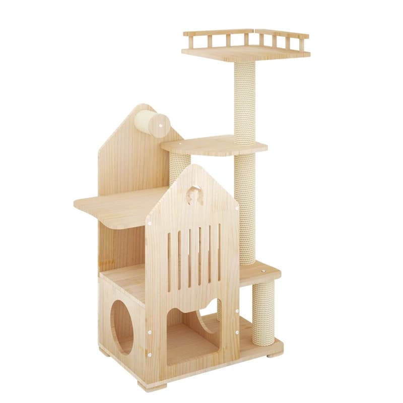 Modern Luxury Nature Wooden Cat Tree House Cat Climbing Tree Furniture Scratcher Tower Climbing Frame For Big Cat Indoor Outdoor