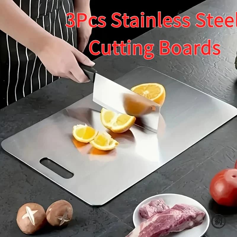 Set of 3 Stainless Steel Taglieri, Anti-slip with Succhi Scanals, No BPA, Dishwasher Washables