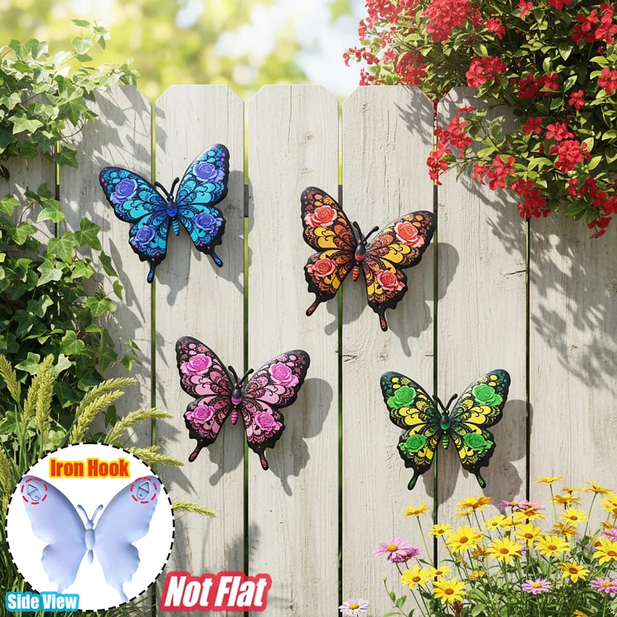 Decorazione da parete con 4 farfalle in metallo vivaci, scultura da esterno resistente alla ruggine con gancio senza attrezzi per giardino, cortile, patio, recinzione