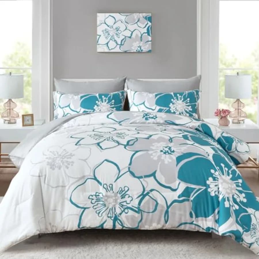Set Copripiumino Floreale 7 Pezzi Blu, Elegante Set Letto Completo con Motivi Botanici in Morbida Microfibra