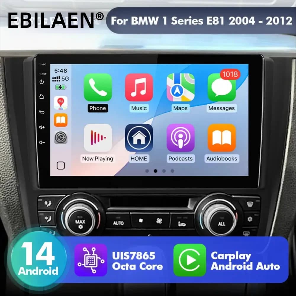 Autoradio EBILAEN Android 14 per BMW Serie 1 E81 2004-2012, lettore multimediale, Carplay, Android Auto, 2 Din, schermo HD.