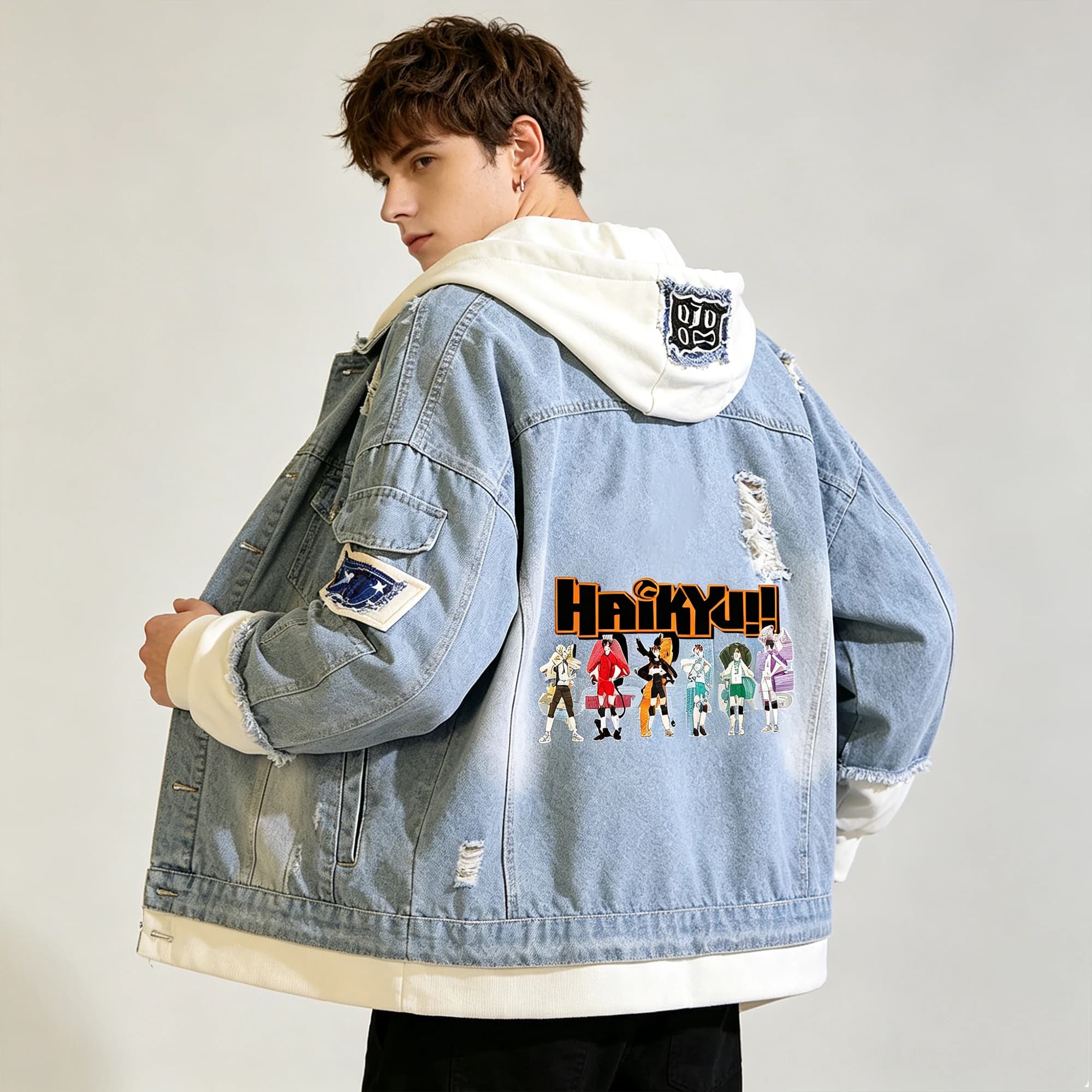 Haikyuu giapponese!! Giacca Demin Anime Harajuku Streetwear Shoyo Hinata Jeans Felpa Ragazzi Cartoon Plus Size Felpe con cappuccio Cappotti