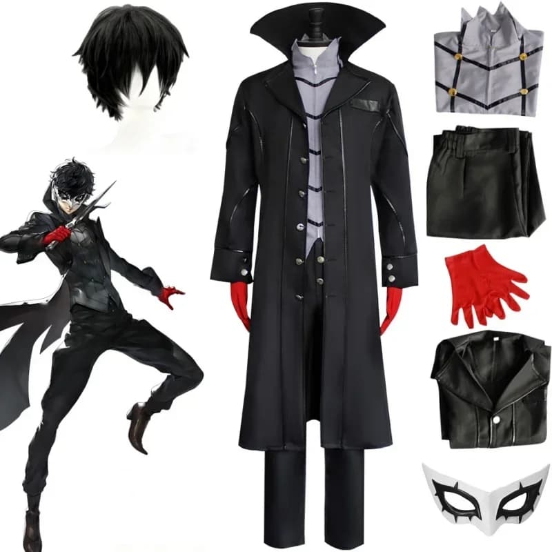 2026 Halloween Cosplay Game P5 Rain Palace Lotus Cosplay Full Set of Clothing Wigs Glove Mask Black Overcoat Uniform