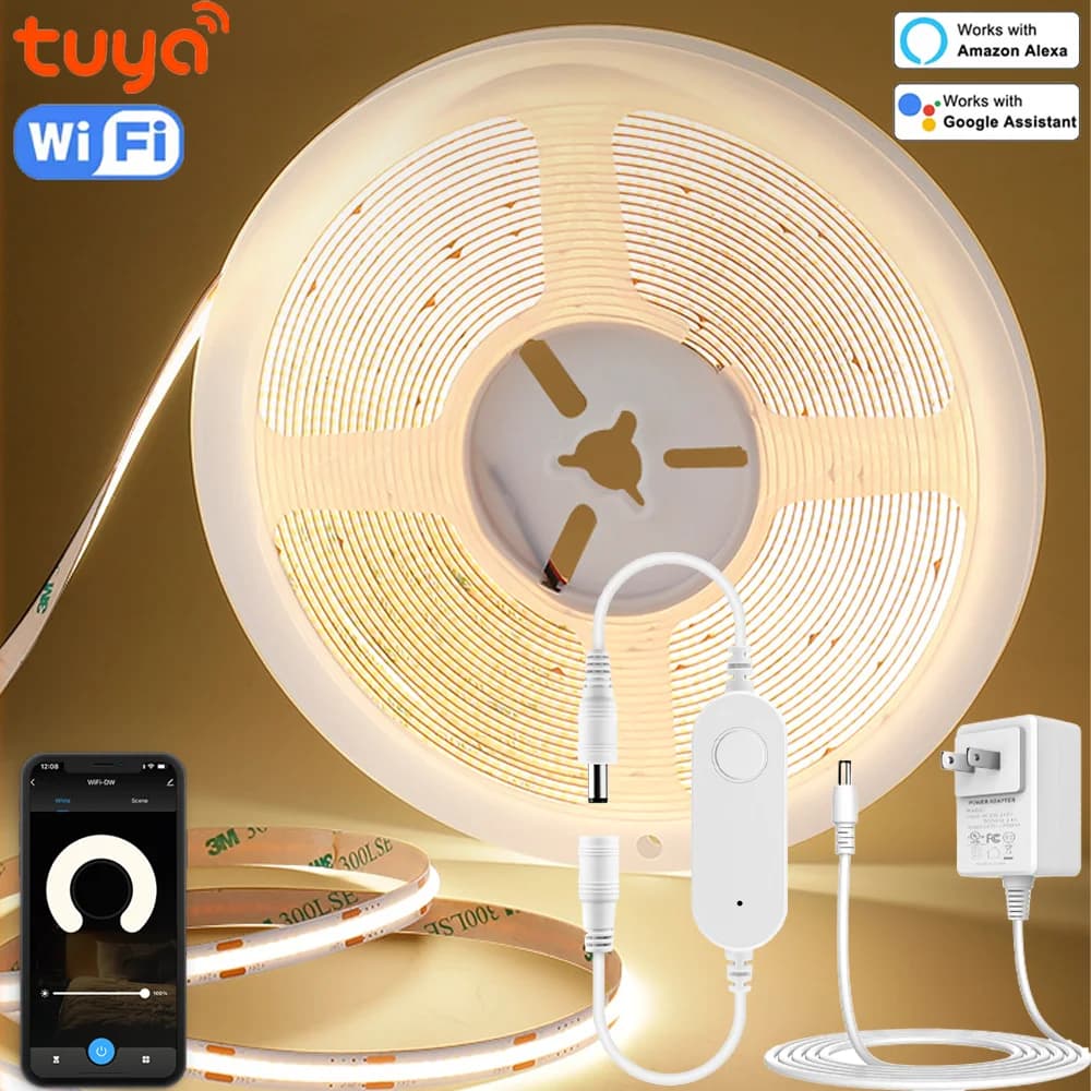 Striscia LED COB WiFi Tuya Smart 320 LED/M 12V Bianco Caldo per Illuminazione Armadi e Decorazione Stanze Compatibile con Alexa e Google Assistant