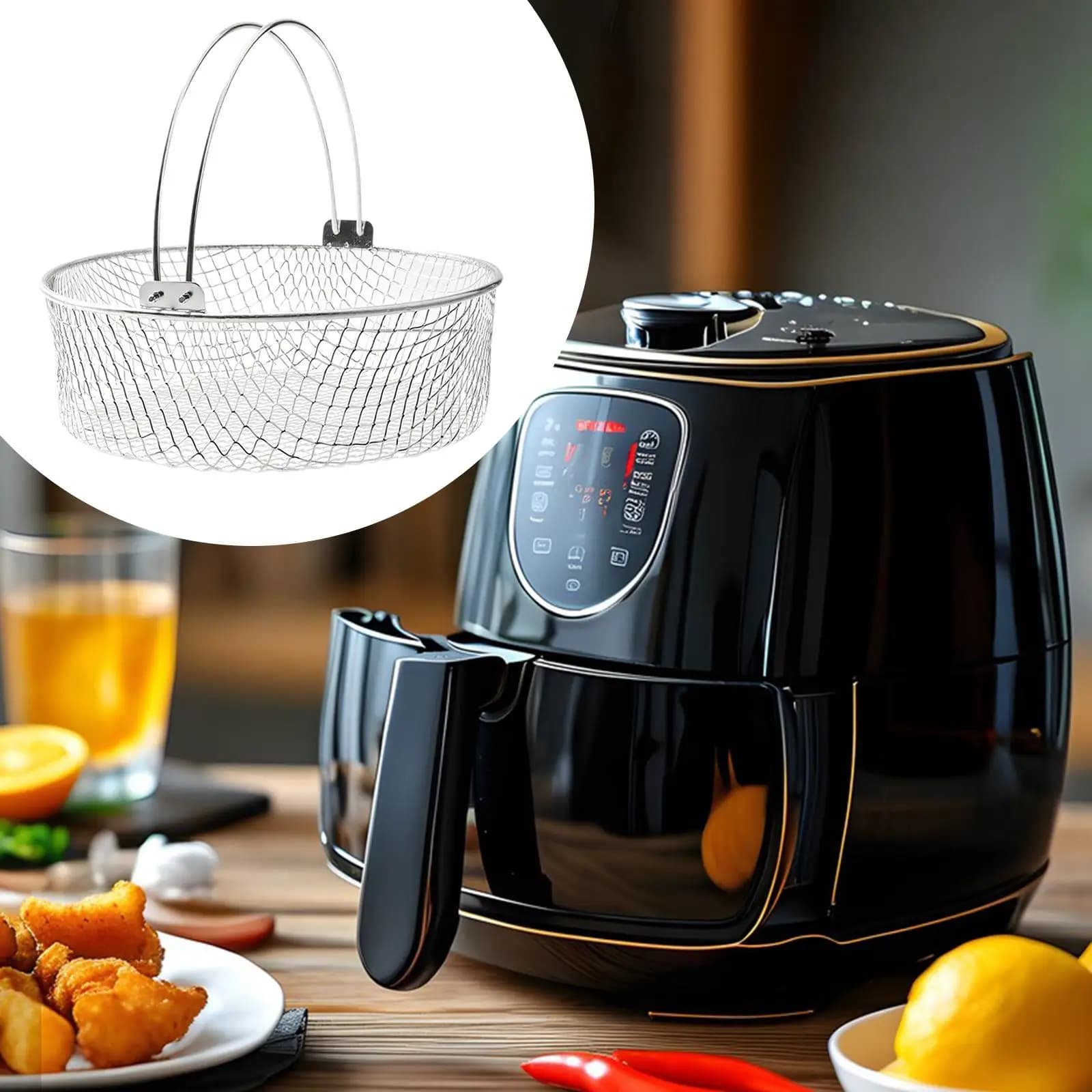 Air frying basket with handle Steam cooking basket Stainless steel mesh basket for chicken