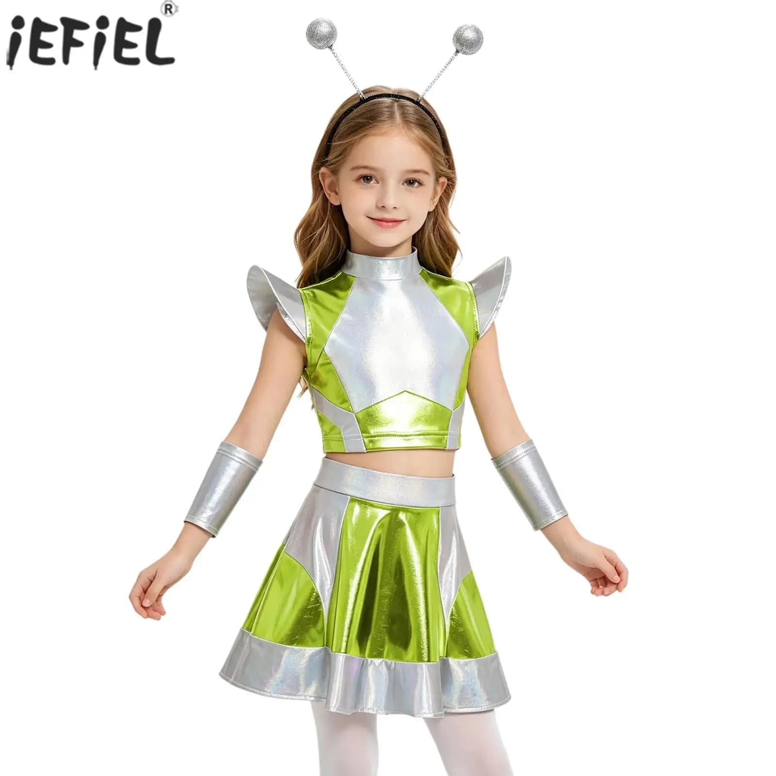 Costume da Alieno per Bambine, Outfit da Robot per Festa di Halloween, Top Metallizzato Lucido con Maniche a Cappuccio e Gonna