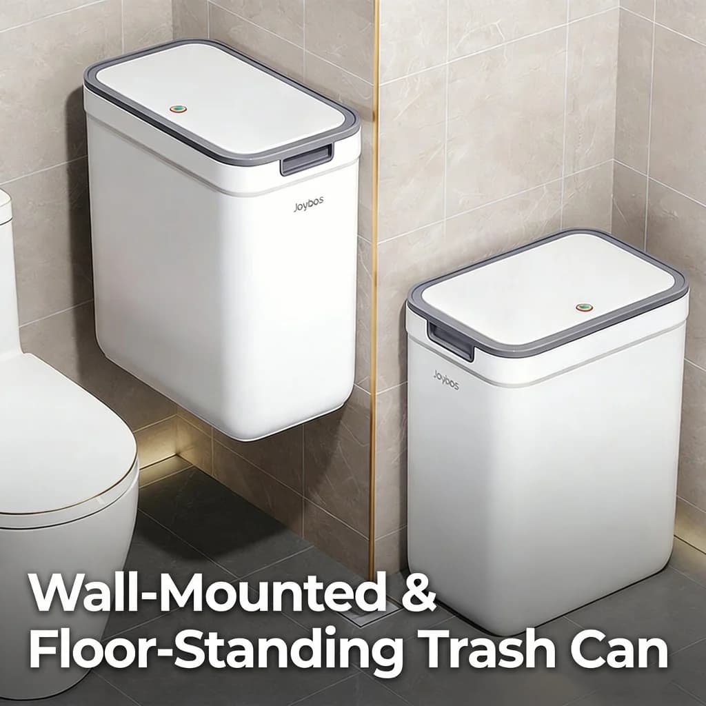Joybos Dual-Use Wall Mounted or Floor Standing Trash Can with Lid, Hanging Small Garbage Bin for Bathroom Kitchen Cabinet Door, Slim Narrow Space Wastebasket, No Drilling Required