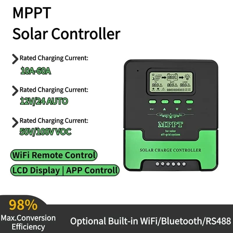 Regolatore di carica solare MPPT Wifi 10A 20A 30A 40A 50A 60A 12V 24V Regolatore automatico del pannello solare di ricarica della batteria al litio al piombo