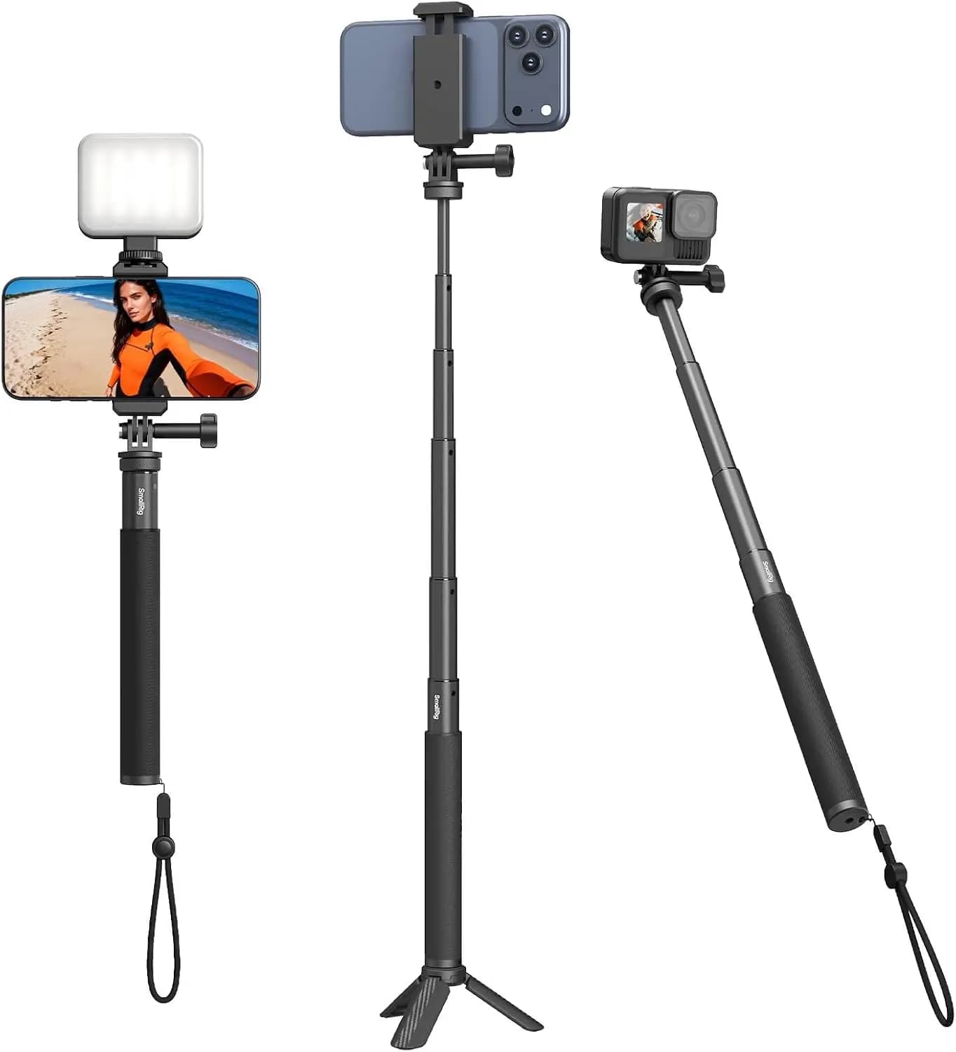 Treppiede per selfie estensibile per action camera e telefoni, asta leggera da 37,4 pollici con morsetto per telefono
