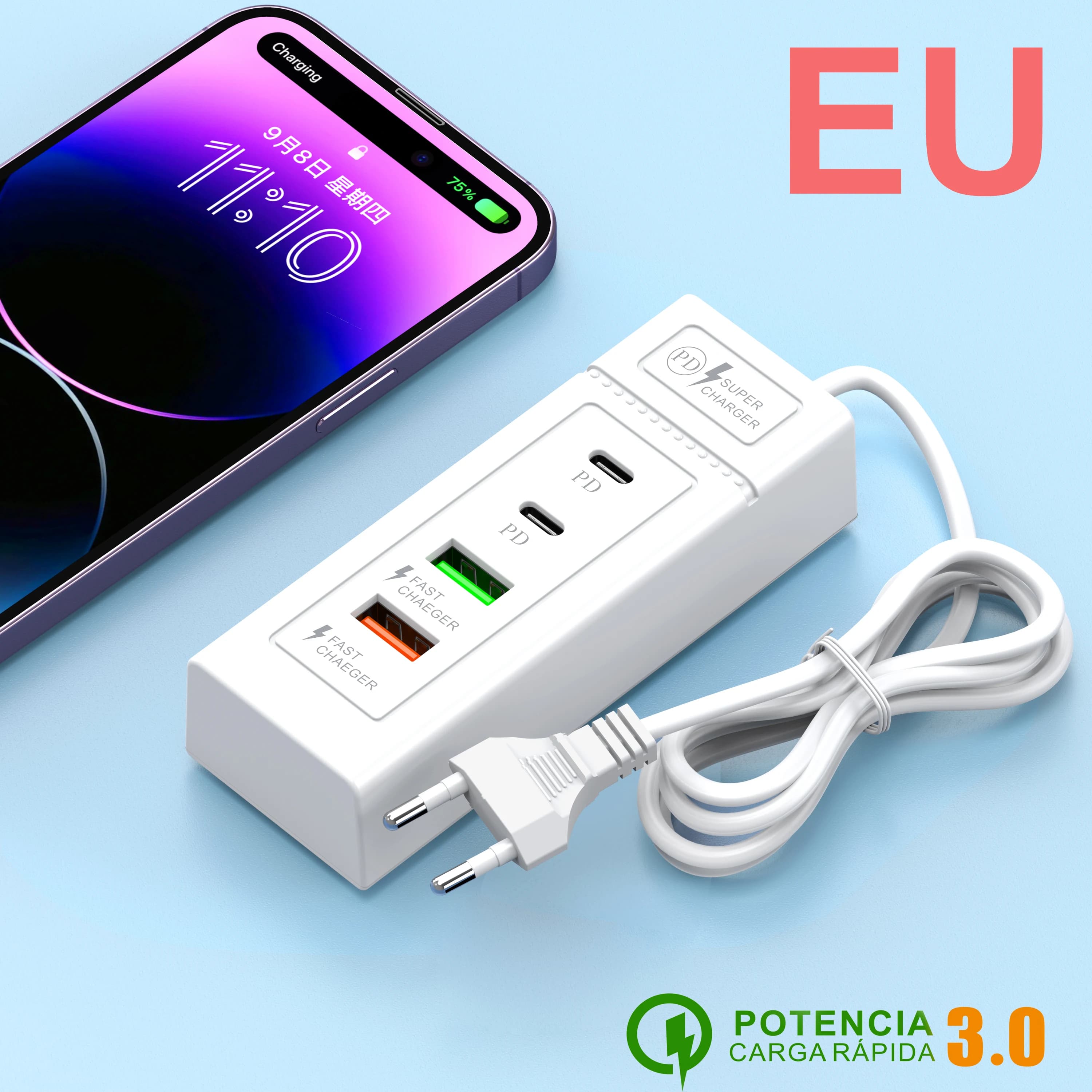 Stazione di Ricarica USB da Tavolo a 4 Porte QC3.0 con Adattatore Multi-Porta EU US UK per iPhone Xiaomi, Uso Domestico e da Viaggio