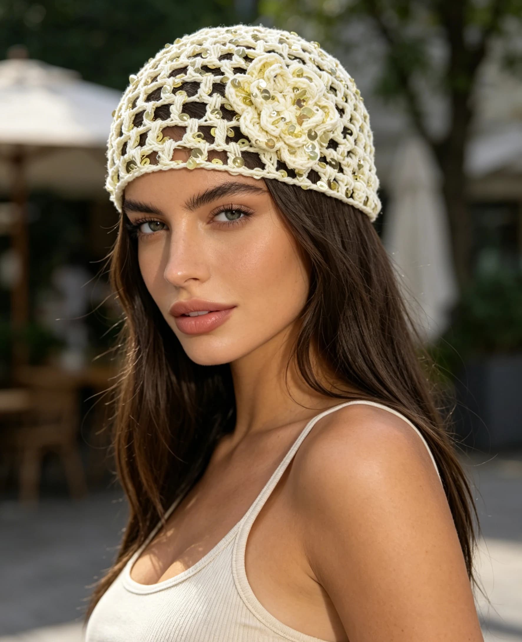 Cappello Lavorato a Maglia con Paillettes Vintage alla Moda, Berretto Casual da Donna per Primavera/Estate, Accessorio per Foto e Viaggi