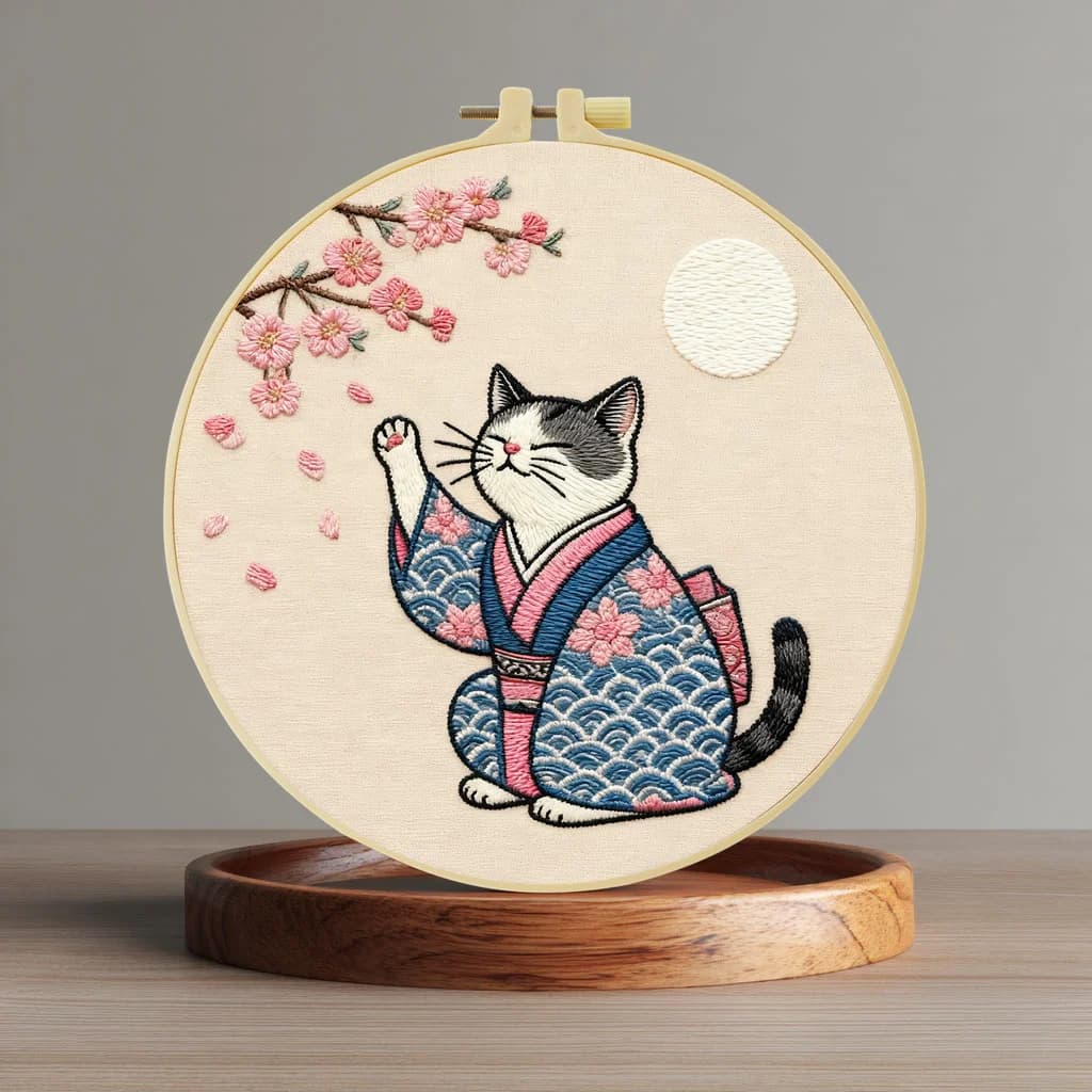 Kit per Ricamo a Punto Croce Stile Giapponese con Gatto, 20X20CM/15X15CM, per Regalo