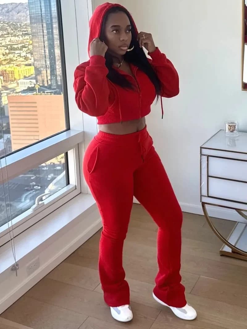 Fleece 2 Piece Set Tracksuits Long Sleeve Zipper Hooded Sweatshirts Crop Top + Slim Stacked Flare Pants Women Solid Casual Suits