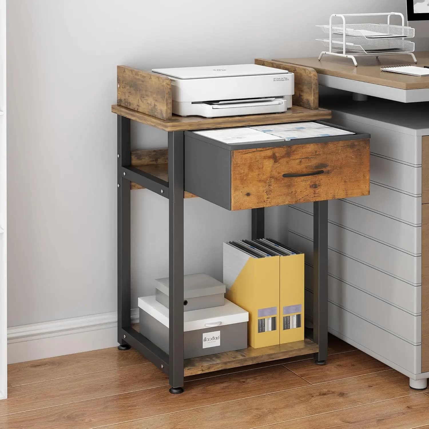 Supporto multifunzionale per stampante con cassetto portaoggetti, organizer da scrivania per forniture e documenti da ufficio, carrello salvaspazio per l'home office