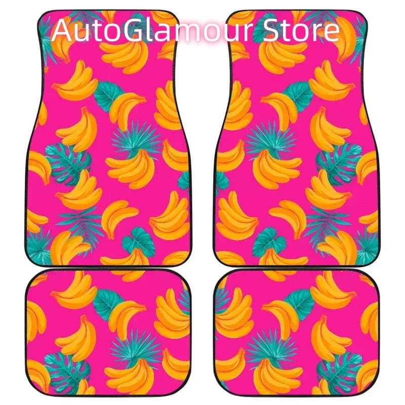 Tappetini per auto anteriori e posteriori con motivo banana tropicale rosa, set completo di tappeti pesanti anteriori e posteriori, confezione da 4 pezzi