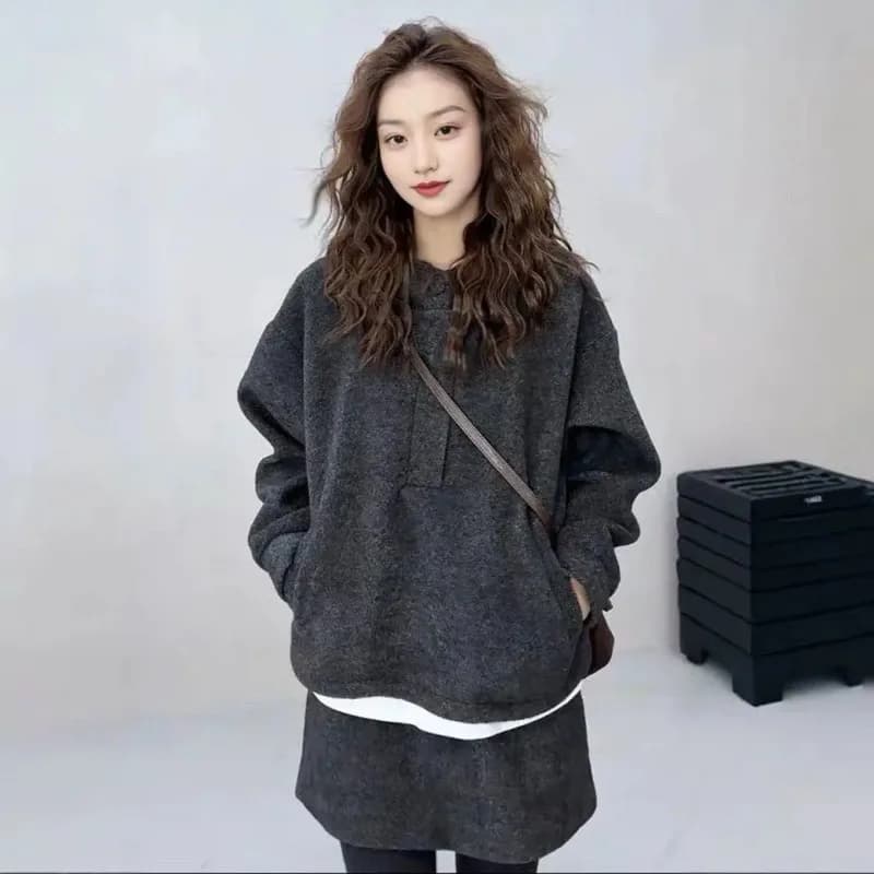 Women Korean Style Winter Wool Blend Two Piece Set Oversized Hoodie Sweatshirt Casual Mini Skirt Fashion Petite Outfit