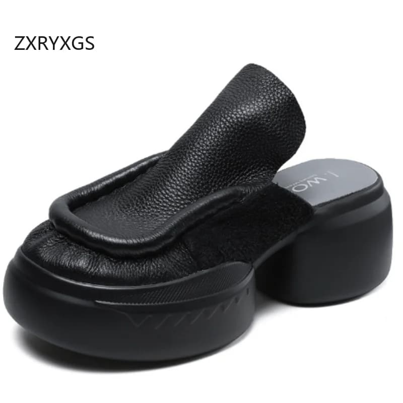 ZXRYXGS Retro Style Women Genuine Leather Slippers Outside Shoes Platform High Heel Sandals Height Increase Slippers Summer 2025