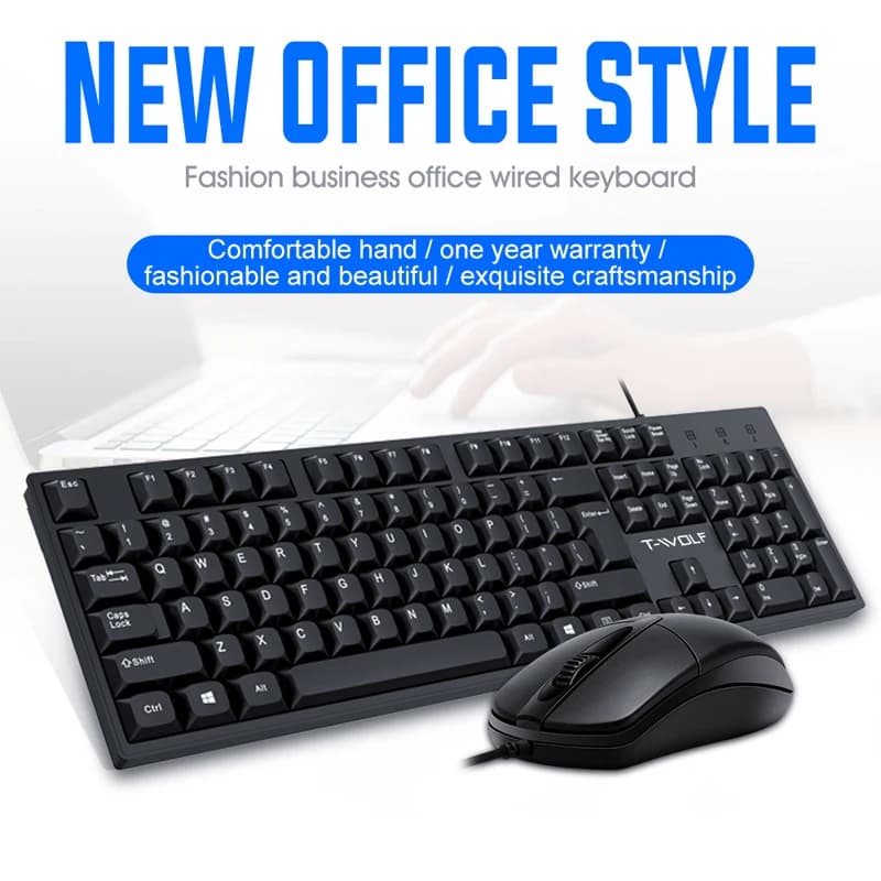 T-WOLF TF500 Wired Office Keyboard And Mouse Combo Ergonomic USB Plug & Play for PC Laptops