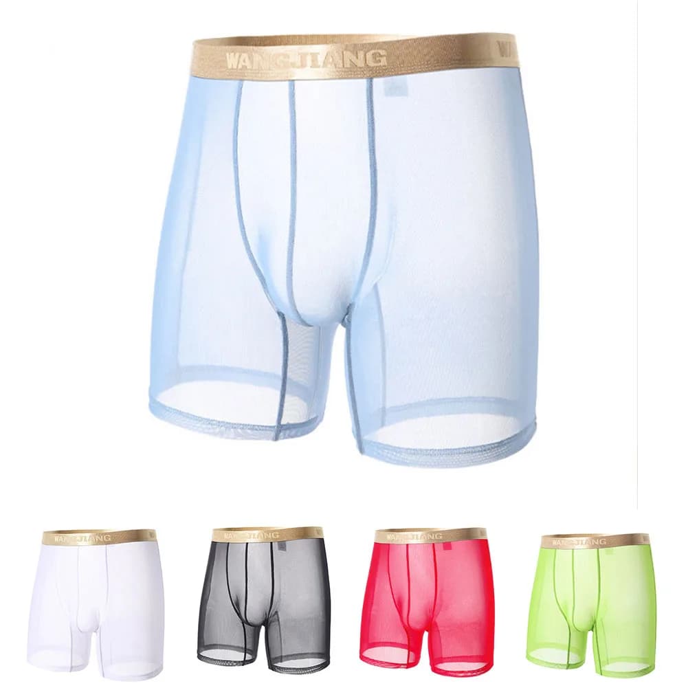 Men Mesh See Through Thin Seamless Boxer Shorts Ice Silk Transparent Trunks Underwear For Male Solid Color Lingerie