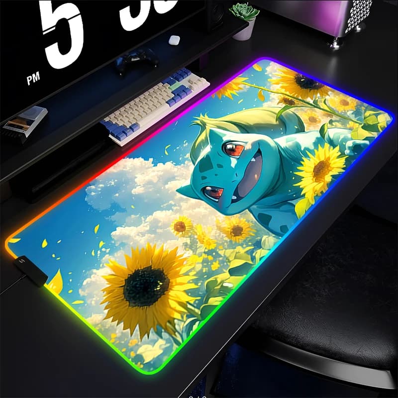 Tappetino per mouse in gomma P-Pokemon Bulbasaur RGB Accessori da gioco con retroilluminazione Tappetino per tastiera per computer con stampa HD Tappetino per mouse LED