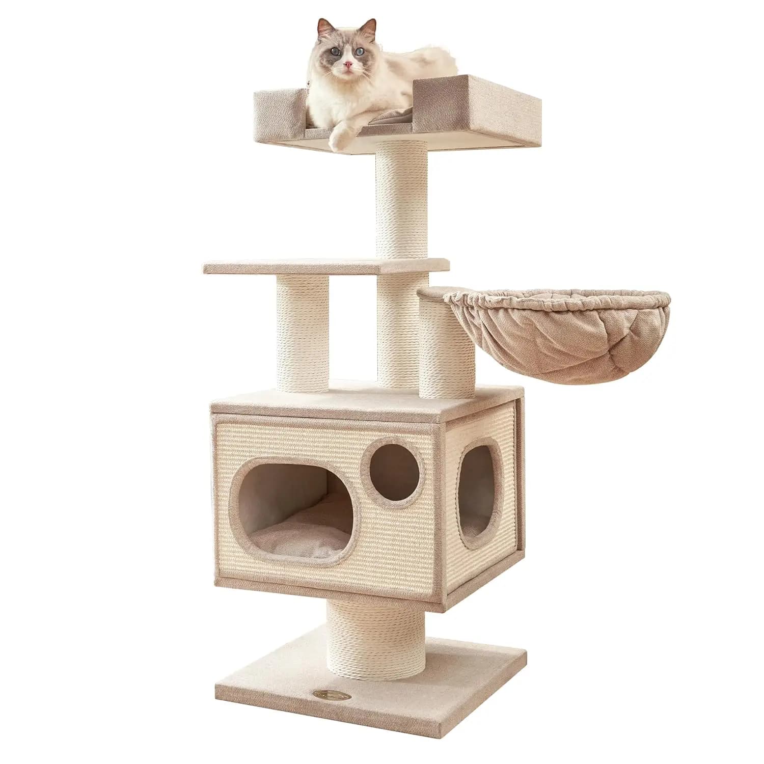 Grande Albero per Gatti da Interno, 113 cm di Altezza, Moderno, con Tiragraffi in Sisal, Amaca, Cuccia, Postazione e Letto, Arredamento Resistente, Personalizzabile