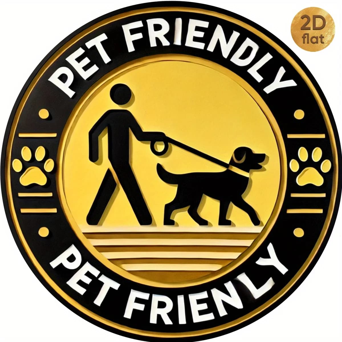 Round Metal Pet Friendly Sign, Heavy Iron Dog Leash Wall Decor with Paw Print, Outdoor Warning Plate for Home Office Cafe,