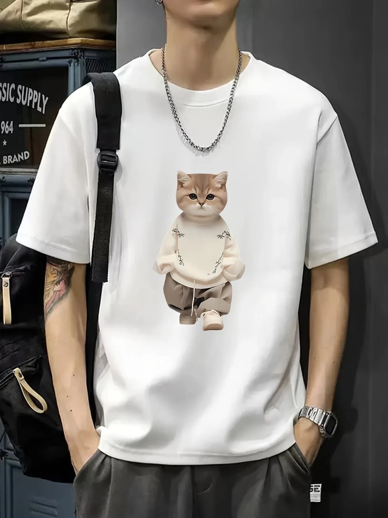 T-shirt grafica da uomo in 100 cotone, girocollo, manica corta, casual, con stampa di gatti carini, leggera estiva