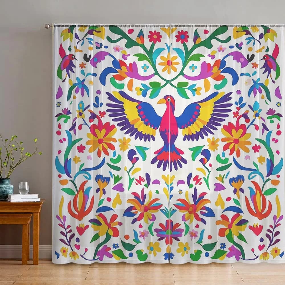 Digital Printing Sheer Curtain, Mexican Folk Art Birds Flowers Pattern, Vibrant Ethnic Bohemian Fiesta Living Room Decor