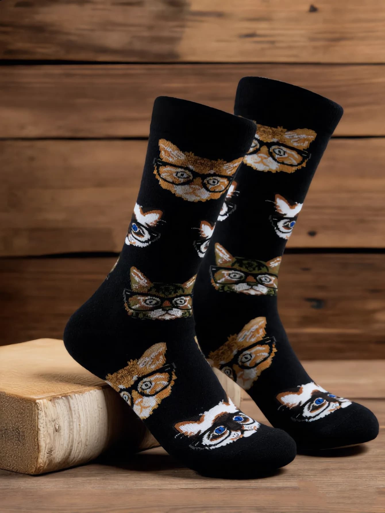 1 Pairs Cute Cat In Glasses Print Crew Cotton Socks Men Funny Smart Cat Novelty Mid Calf Socks Soft Casual Skateboard Socks