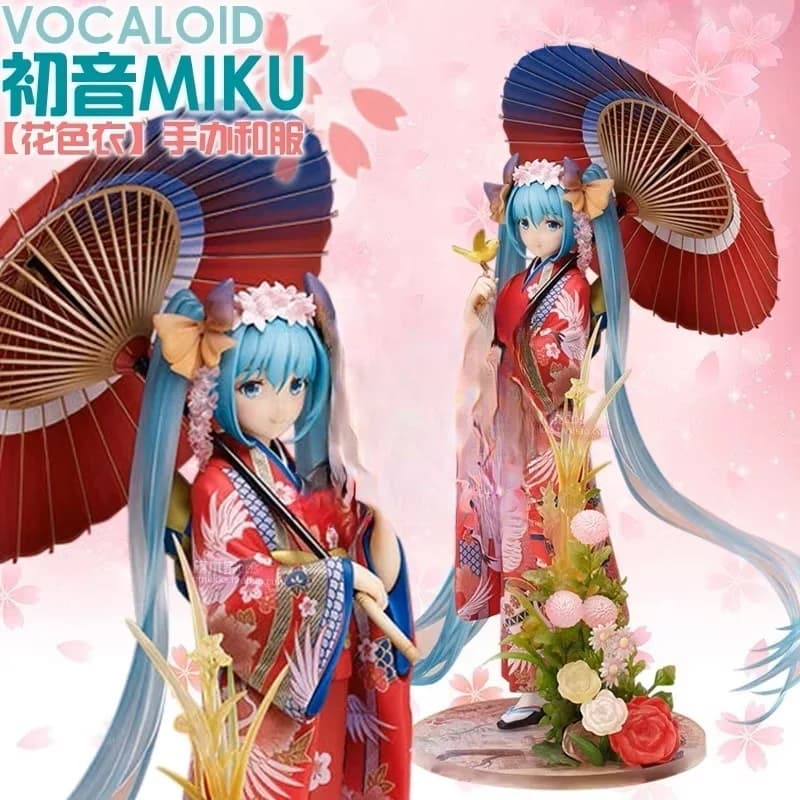 Statuetta di Hatsune Miku con Kimono Autentico Giapponese e Motivo Floreale, con Ombrello Tradizionale, Oggetto da Collezione Anime per Fan Otaku