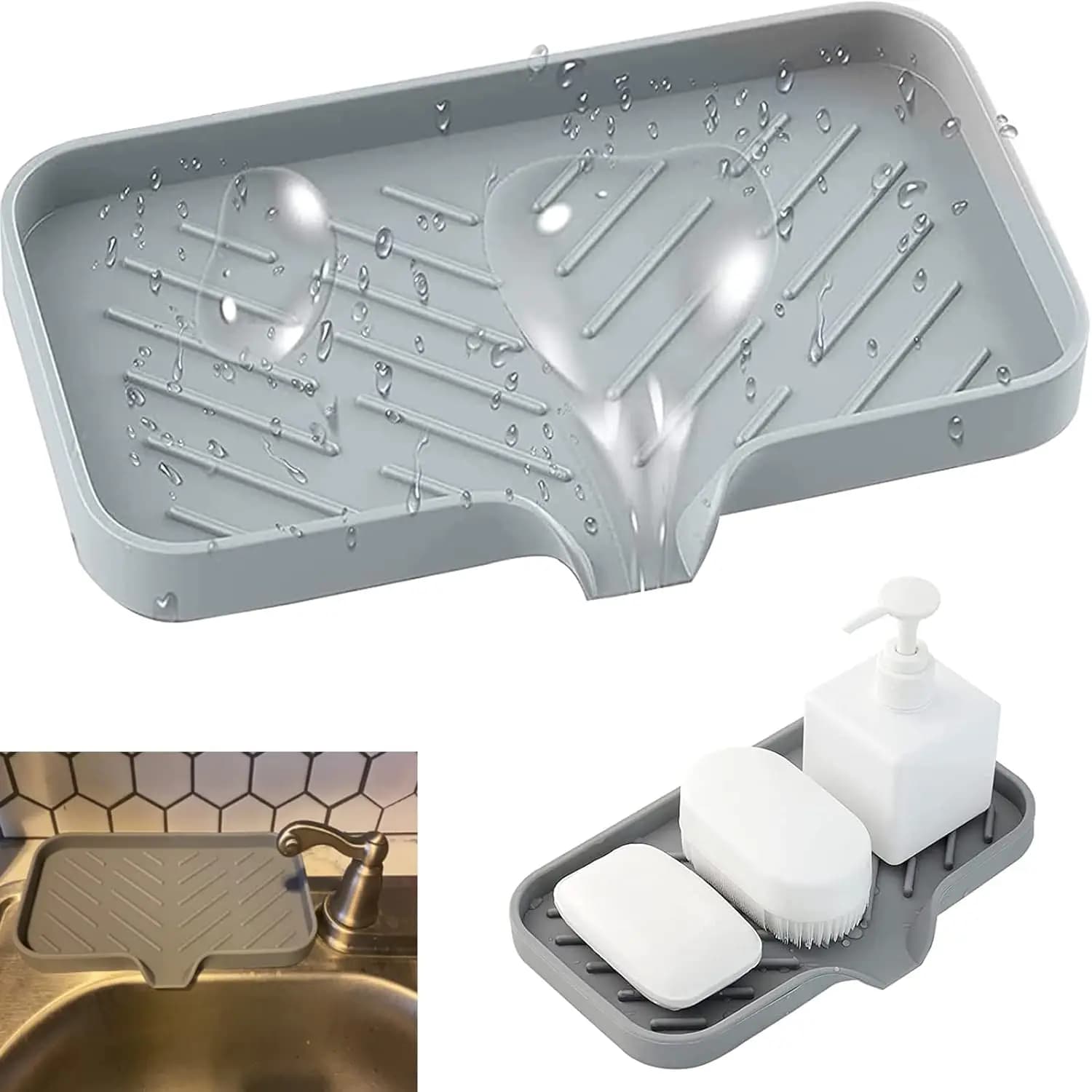 Tappetino in Silicone per Rubinetto: Protezione Antispruzzi per Lavello, Porta Spugna Autodrenante, Vassoio per Dispenser Sapone, Tappetino Asciugante per Piano di Lavoro